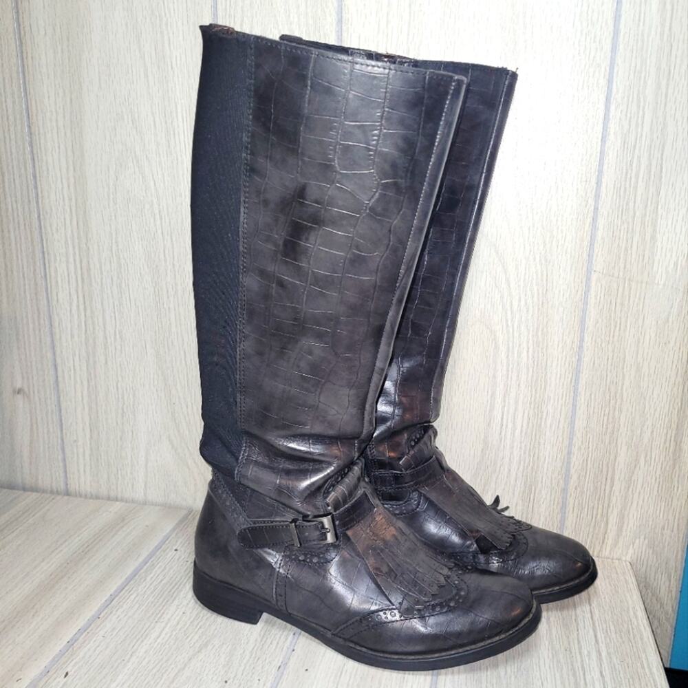 ALDO Gella Womens 100% Croc Embossed Leather Riding Boots Black Size 7.5